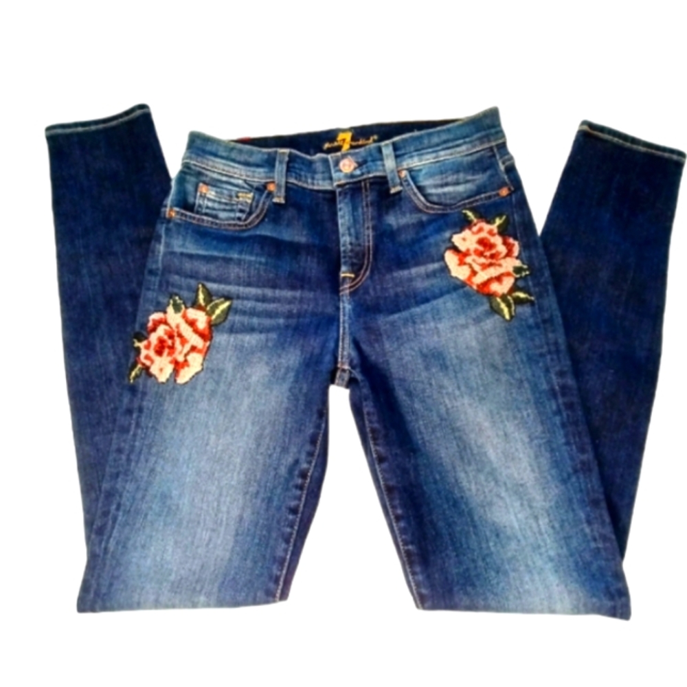 7 For All Mankind Stretch Embroidered Appliqué Boho Mid Rise Jeans Size 27